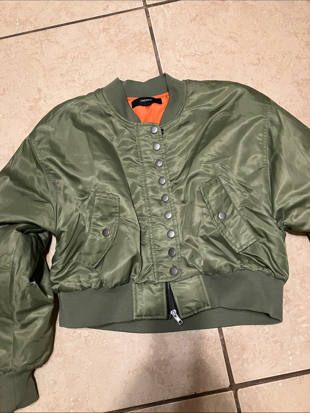 Forever 21 Olive Green Bomber Jacket with Orange Lining